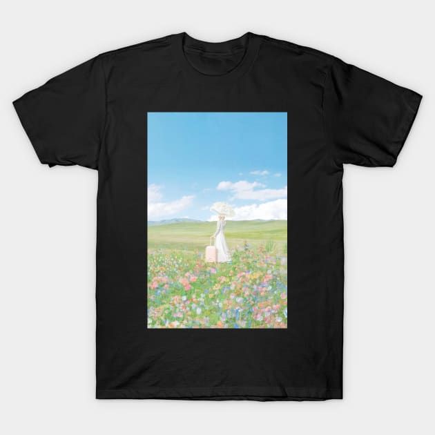 woman in a flower field with umbrella and suitcase T-Shirt by saraholiveira06